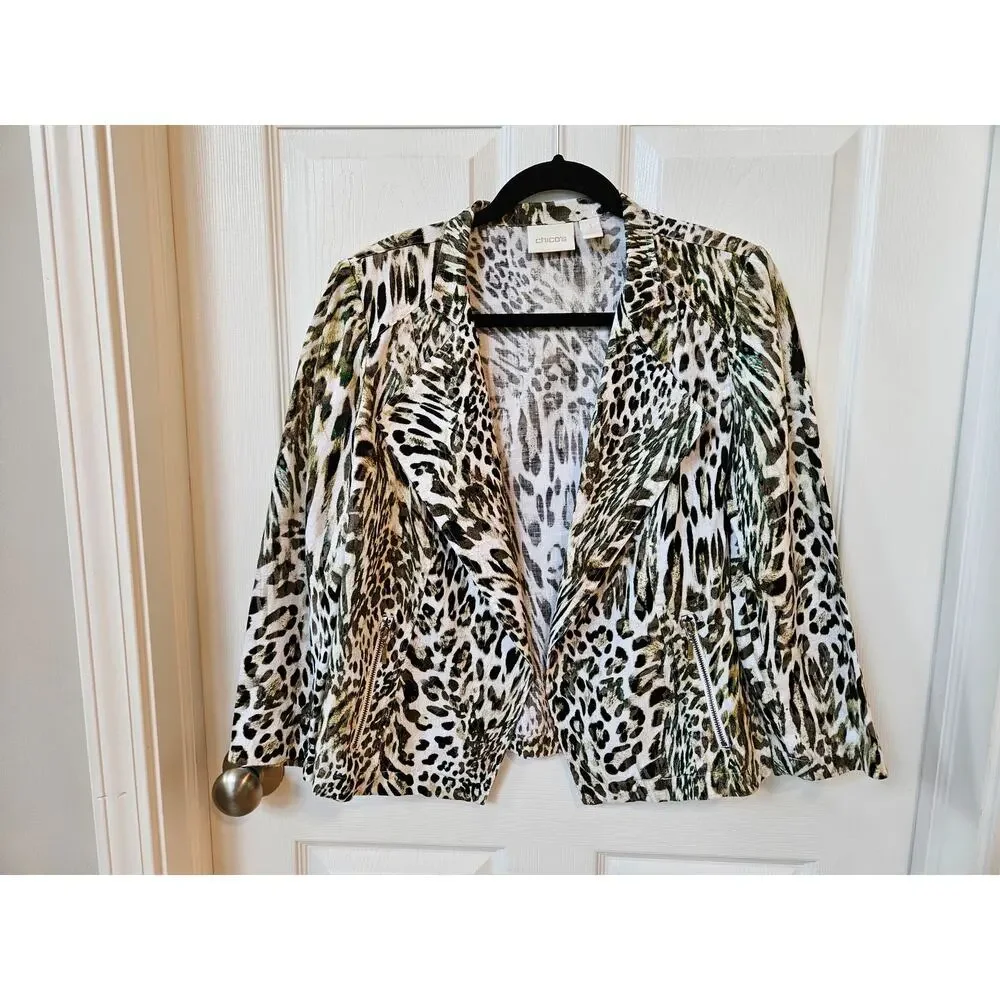 Chico’s Size 1 Animal Print Linen Jacket Blazer Zip Front Leopard Safari